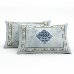 Two decorative pillows with floral patterns on a white background