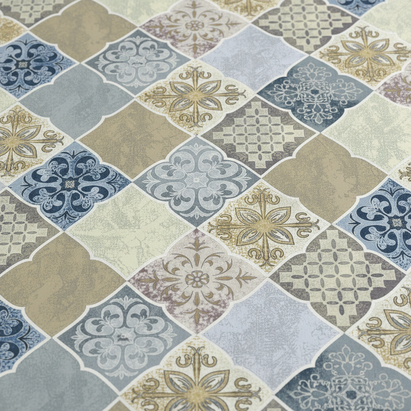 Patterned tile design with geometric and floral motifs in earthy tones.