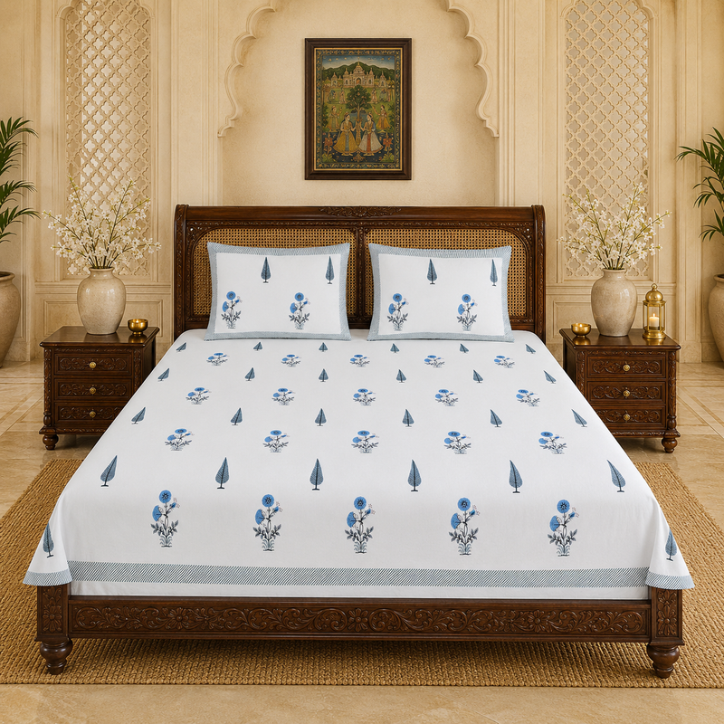 Neel Kusum Jaipuri King Size Bedsheet | 100% Pure Cotton | Anarkali Collection