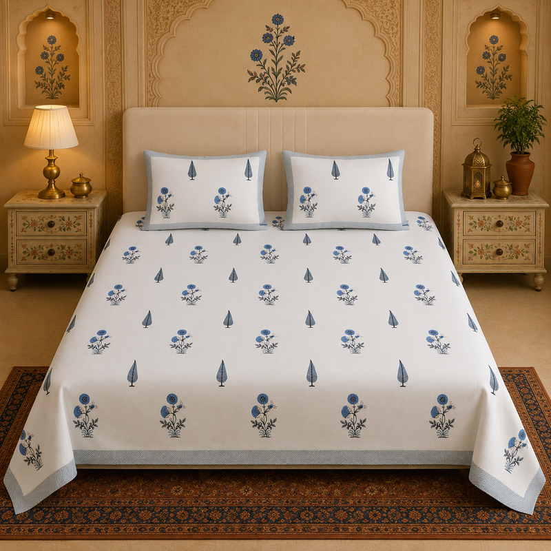 Neel Kusum Jaipuri King Size Bedsheet | 100% Pure Cotton | Anarkali Collection