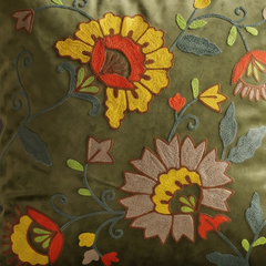 Close-up of embroidered floral patterns on a fabric background