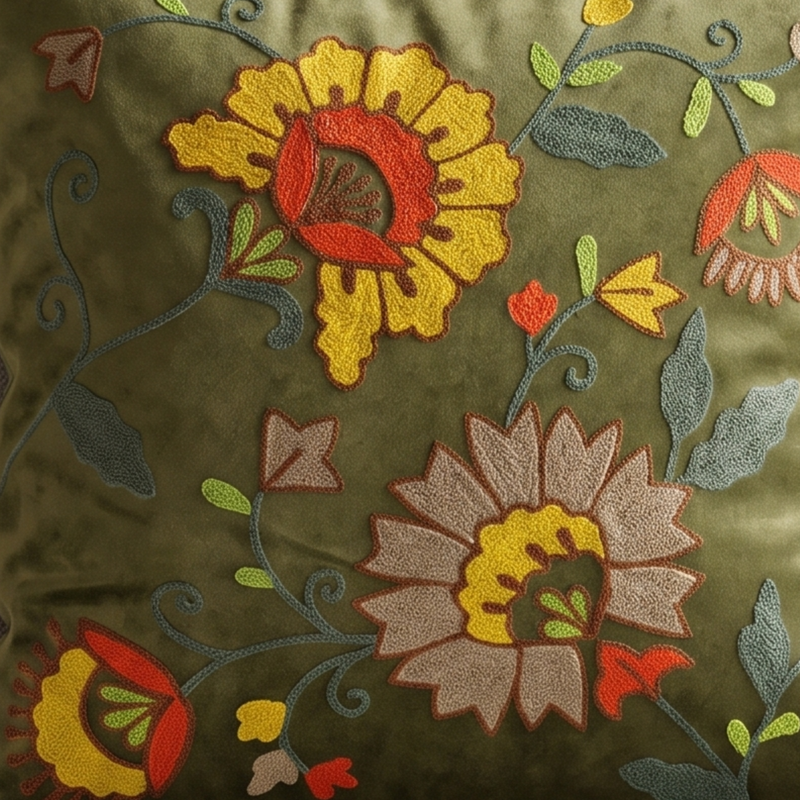 Close-up of embroidered floral patterns on a fabric background