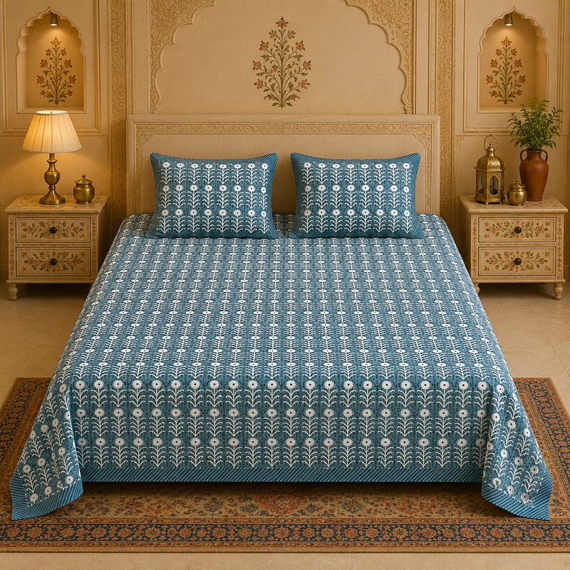 Padharo Bagh Jaipuri King Size Bedsheet | 100% Pure Cotton | Blue | Anarkali Collection
