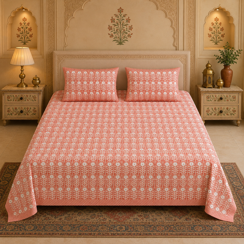 Padharo Bagh Jaipuri King Size Bedsheet | 100% Pure Cotton | Pink | Anarkali Collection