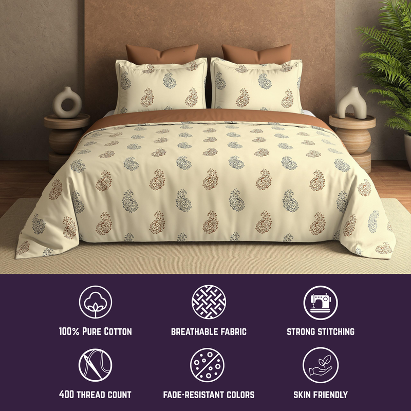 Paisley Bloom King Bedsheet Set | 400 TC | Beige