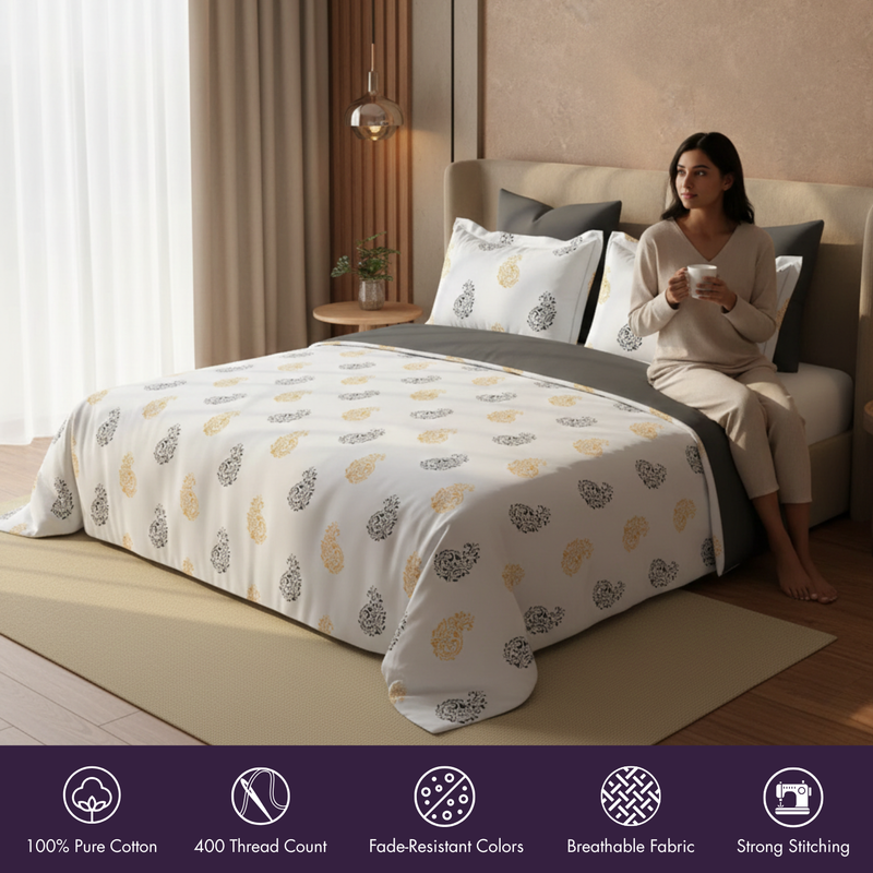 Paisley Bloom King Bedsheet Set | 400 TC | Grey