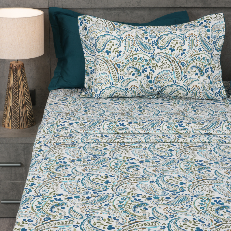 Paisley Vine King Bedsheet Set | 210 TC | 100% Pure Cotton | 2 Pillow Covers with Piping | Blue