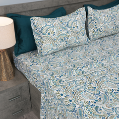 Paisley Vine King Bedsheet Set | 210 TC | 100% Pure Cotton | 2 Pillow Covers with Piping | Blue