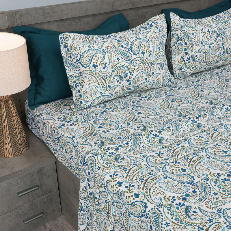 Paisley Vine King Bedsheet Set | 210 TC | 100% Pure Cotton | 2 Pillow Covers with Piping | Blue