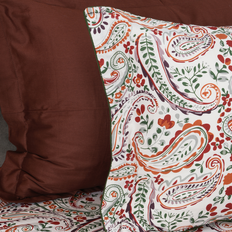 Paisley Vine King Bedsheet Set | 210 TC | 100% Pure Cotton | 2 Pillow Covers with Piping | Orange