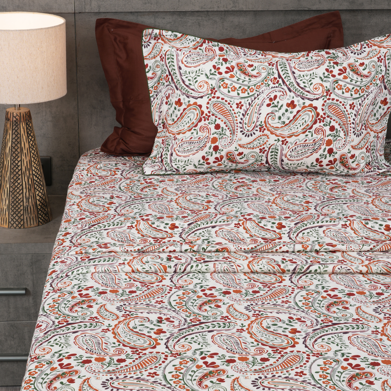 Paisley Vine King Bedsheet Set | 210 TC | 100% Pure Cotton | 2 Pillow Covers with Piping | Orange