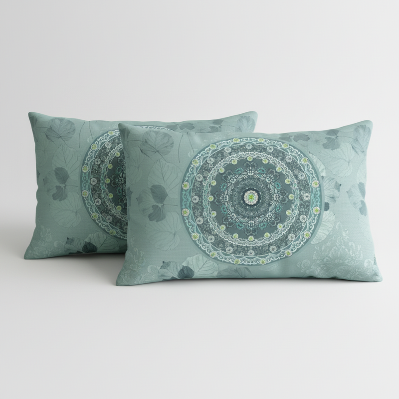 Two teal pillows with mandala patterns on a light gray background