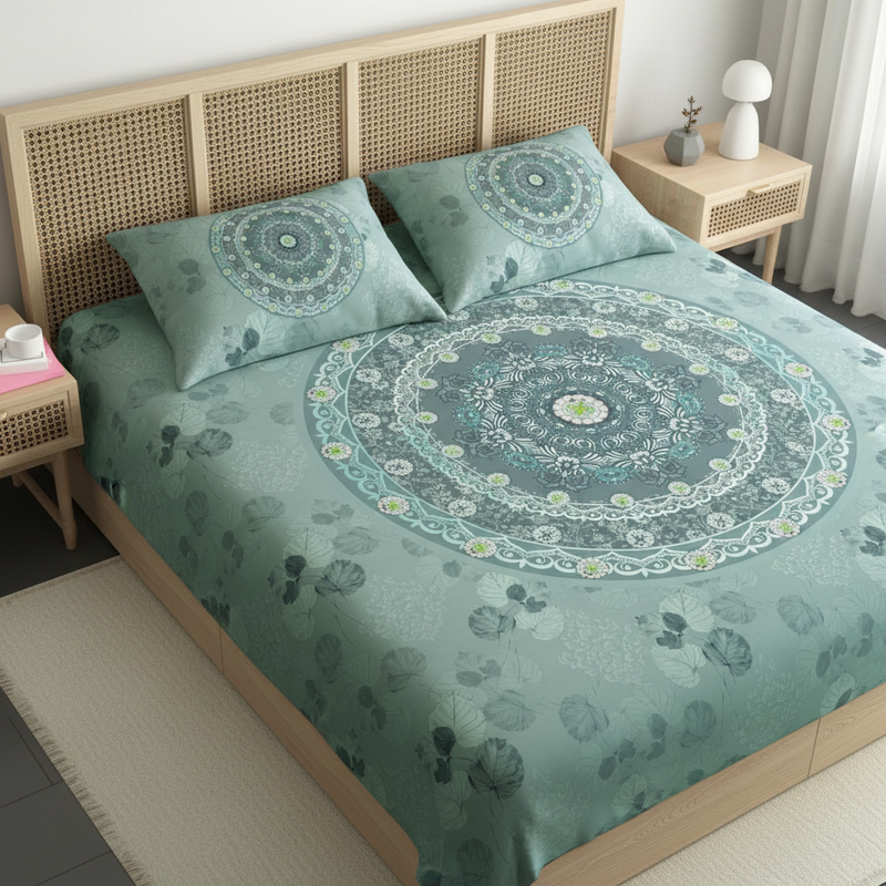 Bed with green patterned bedding and pillows in a bedroom setting.