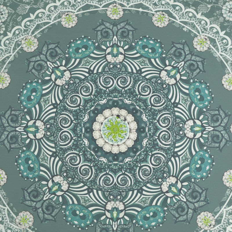 Mandala pattern with green and white colors on a dark gray background