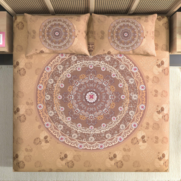 Decorative bedspread with a circular pattern on a bed