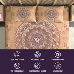 Decorative bedspread with mandala design on a bed, featuring text about fabric properties.
