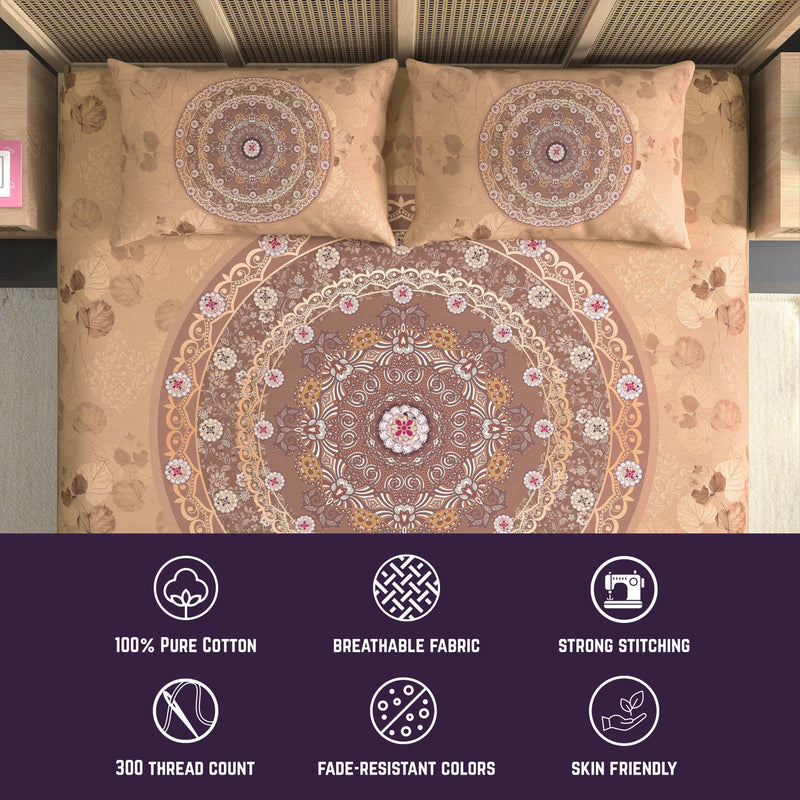 Decorative bedspread with mandala design on a bed, featuring text about fabric properties.