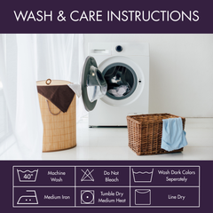 Washing machine with laundry basket and hamper, wash care instructions displayed below.
