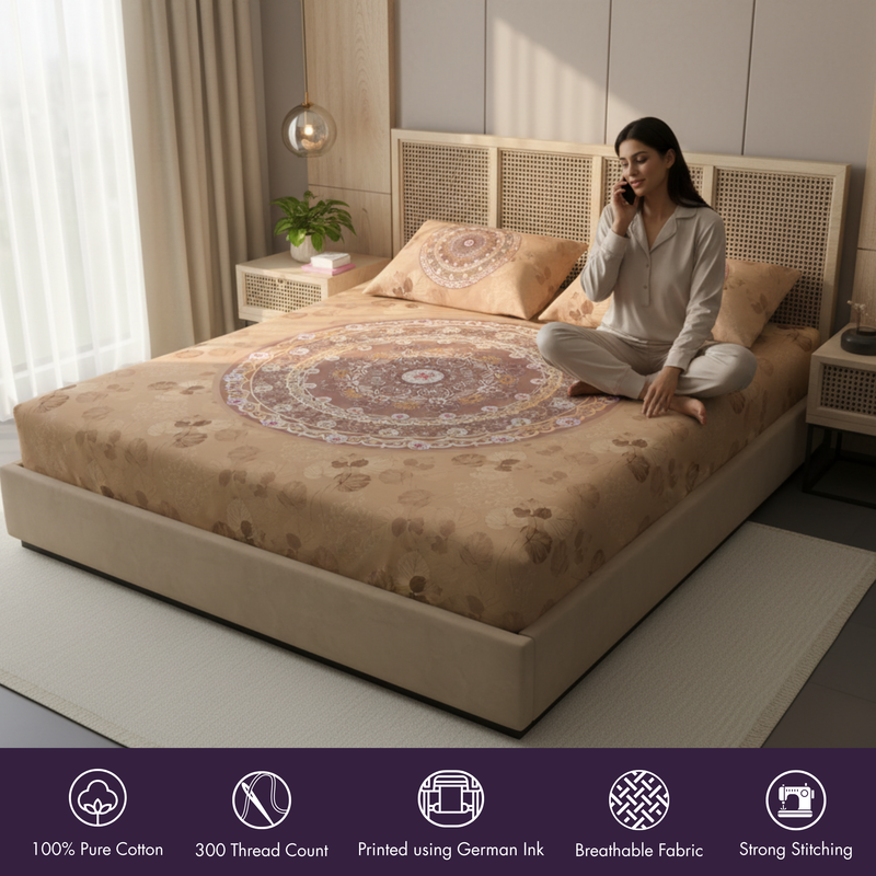 Woman sitting on a bed with a decorative comforter in a modern bedroom.