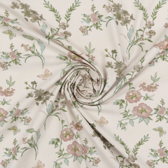 Floral fabric with pink flowers and green leaves on a beige background