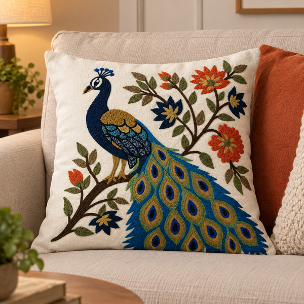 Royal Peacock Embroidered Cushion Cover - 16x16