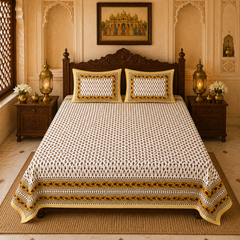 Peeli Haveli Jaipuri King Size Bedsheet | Cotton Bedsheet | Yellow | Angan Collection