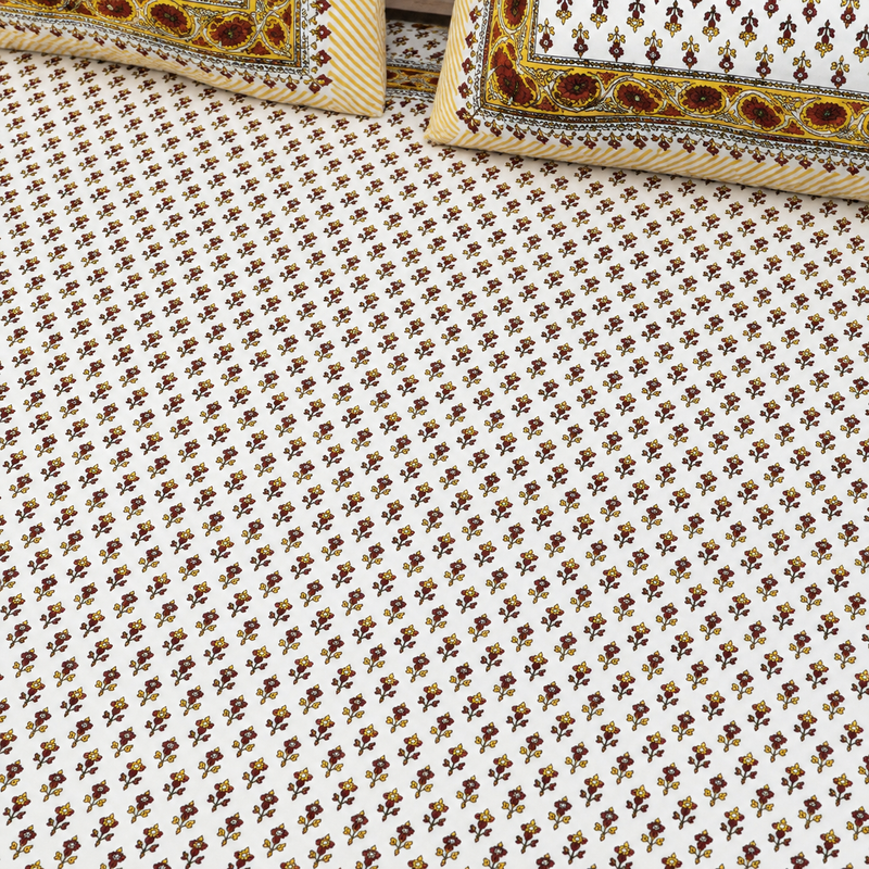 Peeli Haveli Jaipuri King Size Bedsheet | Cotton Bedsheet | Yellow | Angan Collection