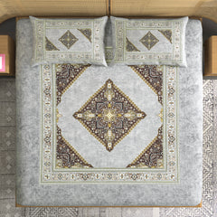 Decorative bedspread with geometric pattern on a bed