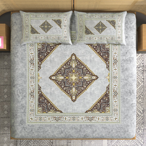 Decorative bedspread with geometric pattern on a bed