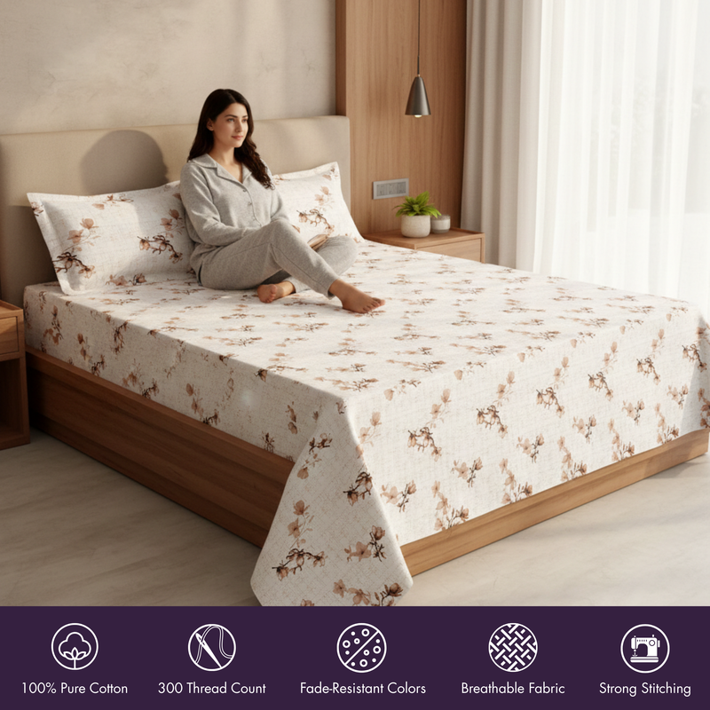 Woman sitting on a bed with floral-patterned bedding in a bedroom setting