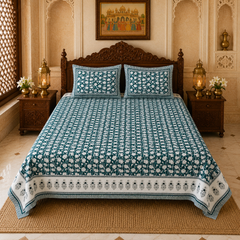 Phool Bagh Jaipuri King Size Bedsheet | Cotton Bedsheet | Dark Teal Blue | Angan Collection
