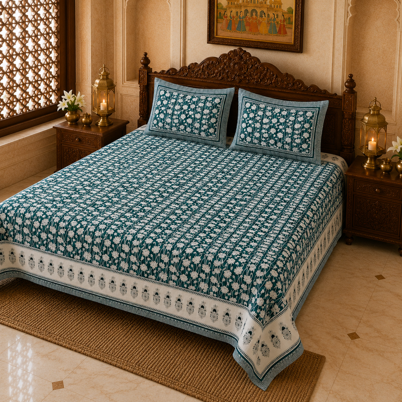 Phool Bagh Jaipuri King Size Bedsheet | Cotton Bedsheet | Dark Teal Blue | Angan Collection