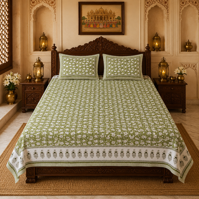 Phool Bagh Jaipuri King Size Bedsheet | 100% Cotton | Green