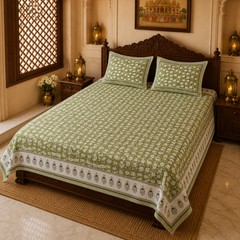 Phool Bagh Jaipuri King Size Bedsheet | 100% Cotton | Green