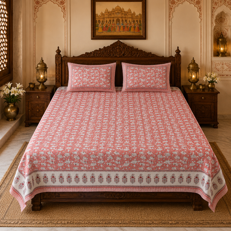 Phool Bagh Jaipuri King Size Bedsheet | 100% Cotton | Pink
