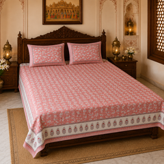 Phool Bagh Jaipuri King Size Bedsheet | 100% Cotton | Pink