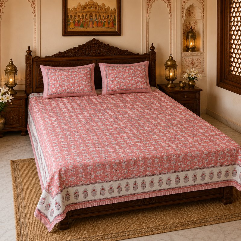 Phool Bagh Jaipuri King Size Bedsheet | 100% Cotton | Pink