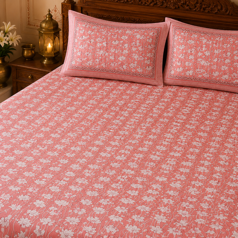 Phool Bagh Jaipuri King Size Bedsheet | 100% Cotton | Pink