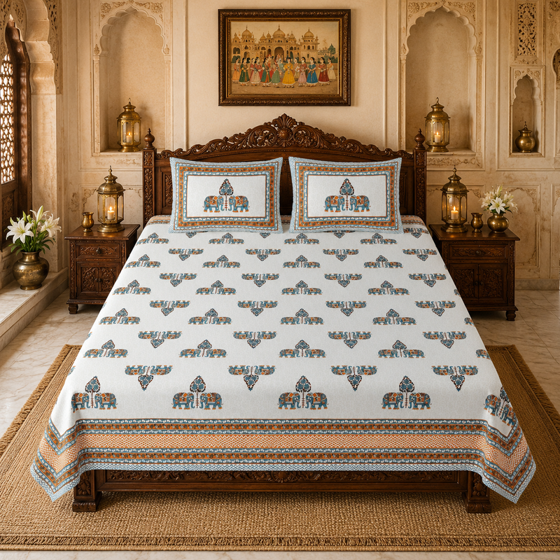 Raj Elephant Jaipuri King Size Bedsheet | 100% Cotton | Orange