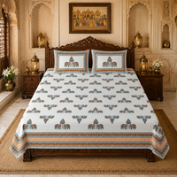 Raj Elephant Jaipuri King Size Bedsheet | 100% Cotton | Orange
