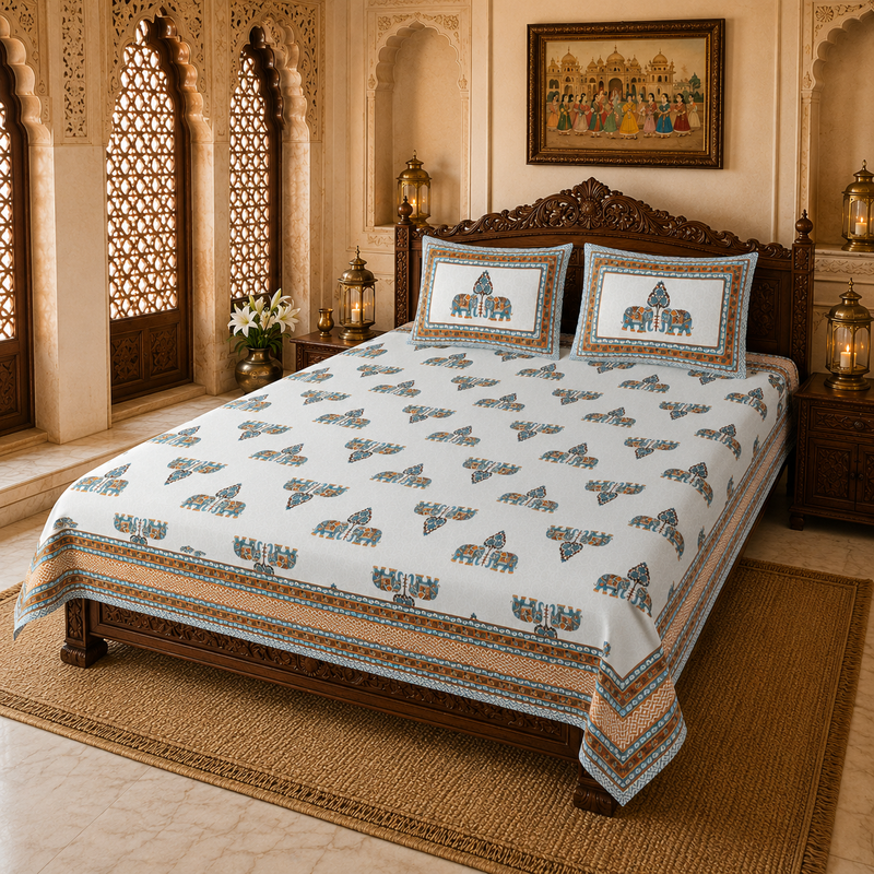 Raj Elephant Jaipuri King Size Bedsheet | 100% Cotton | Orange