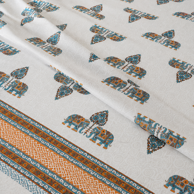 Raj Elephant Jaipuri King Size Bedsheet | 100% Cotton | Orange