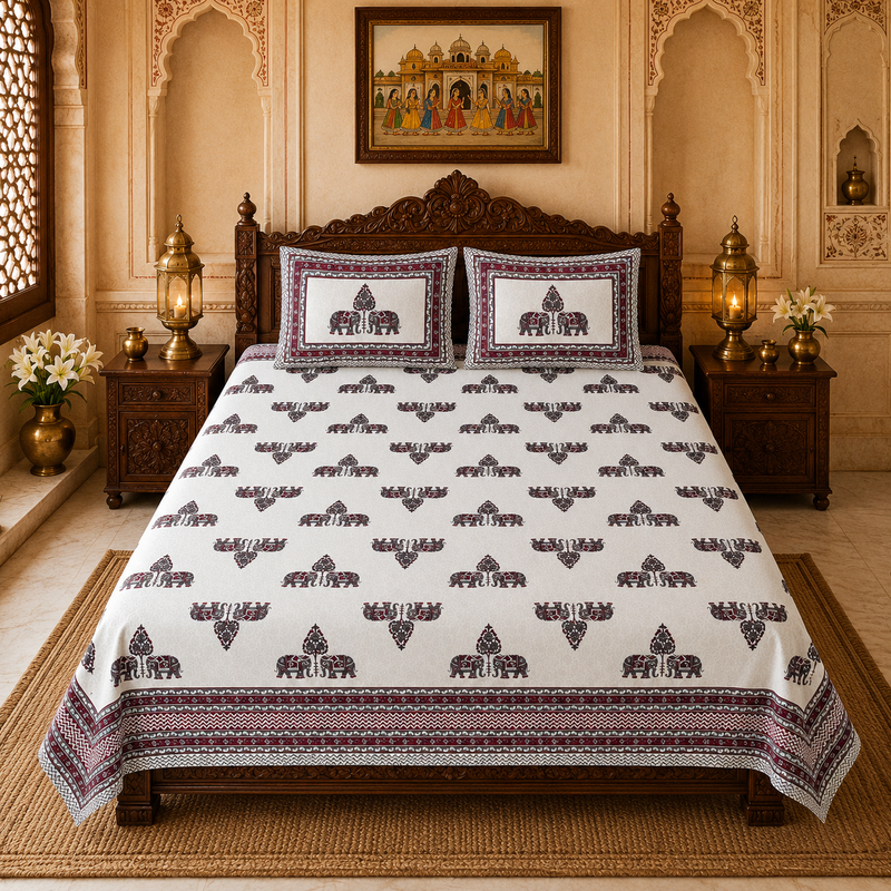 Raj Elephant Jaipuri King Size Bedsheet  | 100% Cotton | Red
