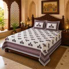 Raj Elephant Jaipuri King Size Bedsheet  | 100% Cotton | Red