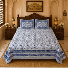 Raj Neel Jaipuri King Size Bedsheet | Cotton Bedsheet | Blue | Angan Collection