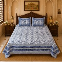 Raj Neel Jaipuri King Size Bedsheet | Cotton Bedsheet | Blue | Angan Collection