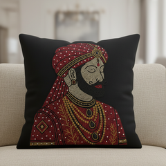 Decorative pillow with intricate design on a beige sofa