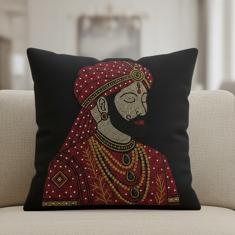 Decorative pillow with intricate design on a beige sofa