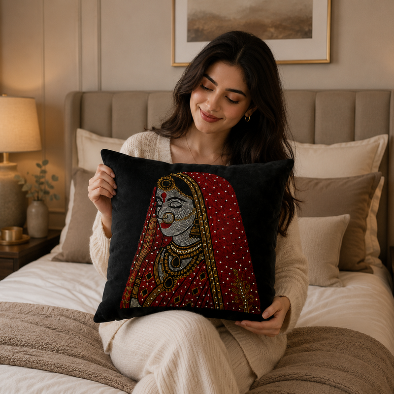 Rajasthani Queen Embellished Cushion Cover - 16x16