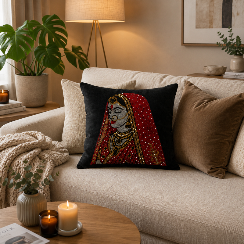 Rajasthani Queen Embellished Cushion Cover - 16x16
